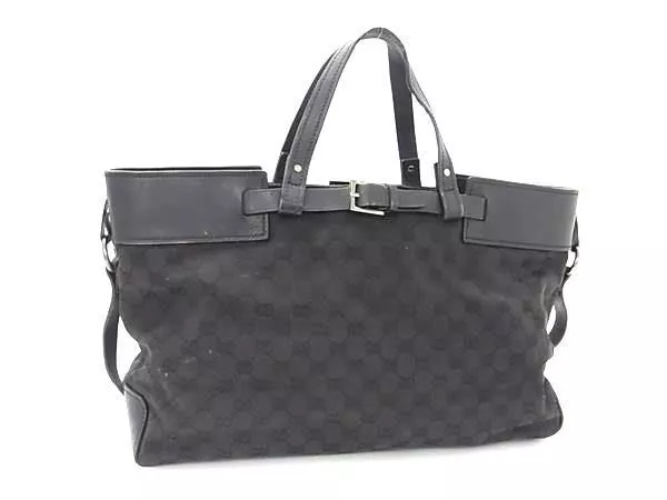 GUCCI Handbag Tote Bag Shoulder GG Canvas Supreme Leather Black Women Authentic