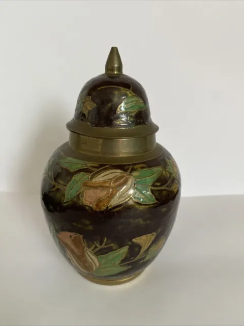 Chinese Hand painted Cloisonné Metal Floral Ginger Jar,6”/15cm Tall With Lid!