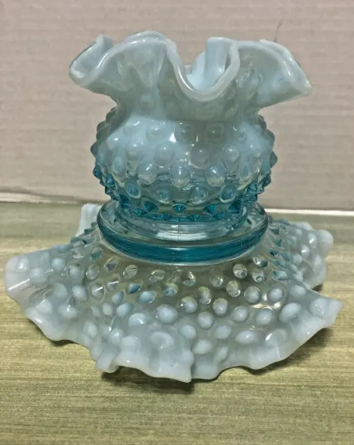 2 Pc Vtg Fenton Blue Opalescent Ruffle Hobnail Art Glass 3" Vase +6" Candy Dish