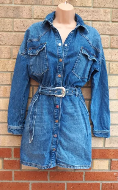 T-Shirt Mini Abito River Island Blu Sbiadita Con Cintura Tutti Bottoni Jeans Denim 8 S