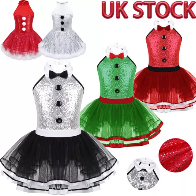 UK Girls Christmas Snowman Dance Tutu Dress Party Costume Sequins Ice Skating