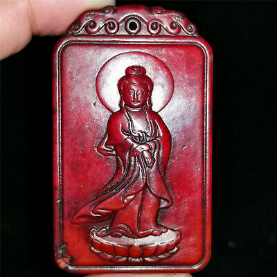 Chinese old hetian red jade Jadeite pendant necklace hand-carved statue bodhisat