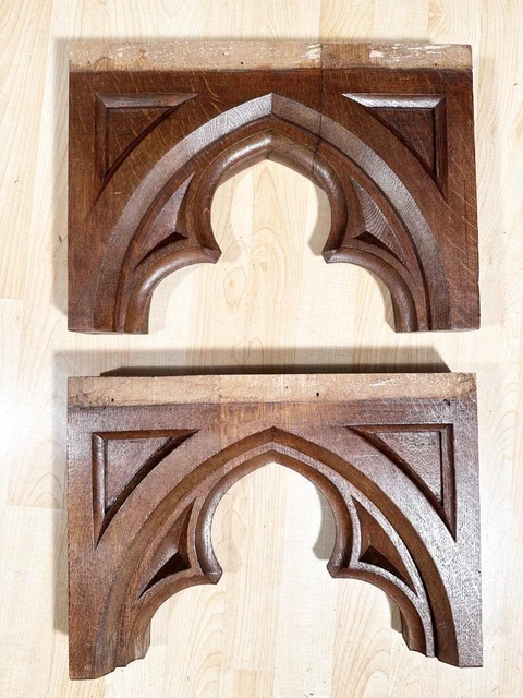 Pair of French Antique Gothic Revival Oak Wood Arches