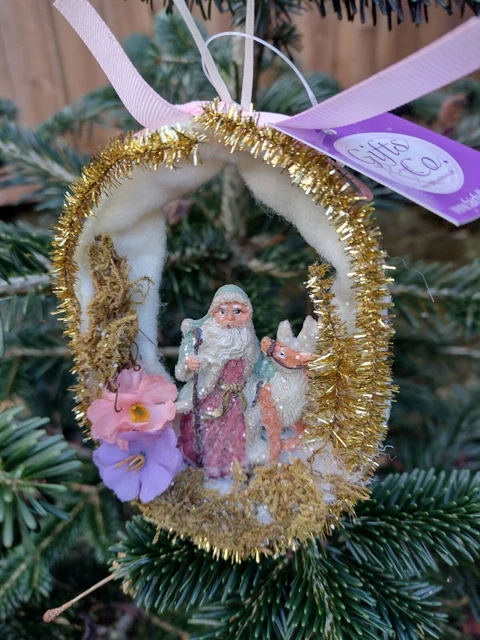 Father Christmas  handpainted glitter/Tinsel /Moss Tree ornament On Ribbon Retro