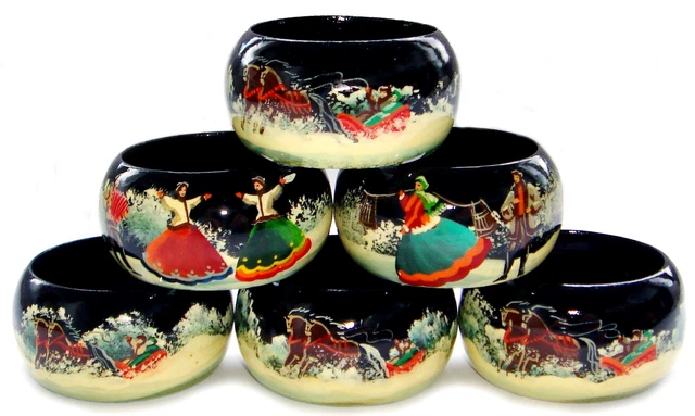 6 Ronds De Serviette En Bois - Peints à La Main - Artisanat Russe - Neufs