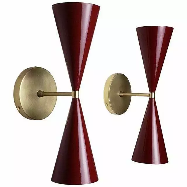 Pair of Tuxedo Wall Sconce  Red Enamel Mid Century Lamps Lighting Wall Fixtures
