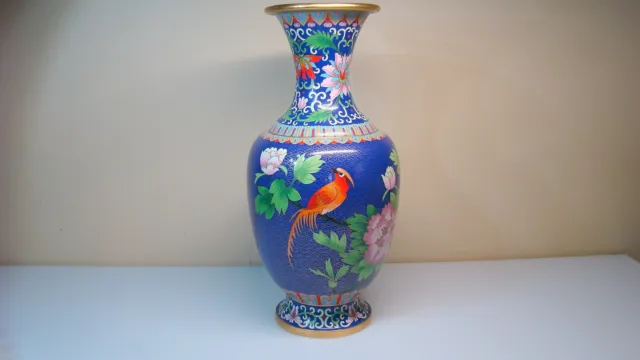 Estate 15" Chinese Cloisonne Signed Vase Cobalt Blue Colorful Floral w Bird