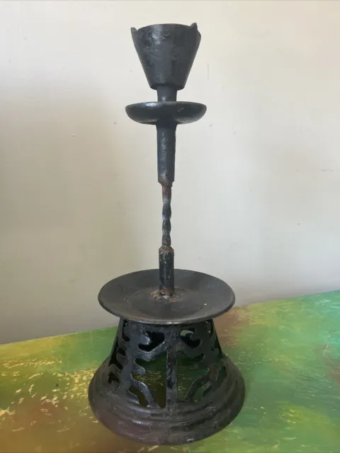 Old Chinese Wrought Cast Iron Candle Holder Lamp Seat Base