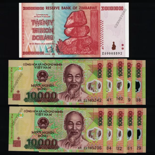 20 Trillion Dollars Zimbabwe + 10 x 10,000 Dong Vietnam Banknotes - Uncirculated