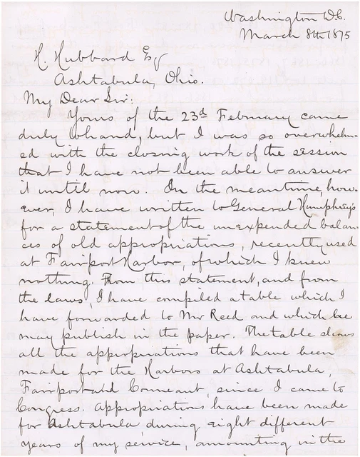 James Garfield Autographed Hand Written Letter from March 8, 1875 JSA