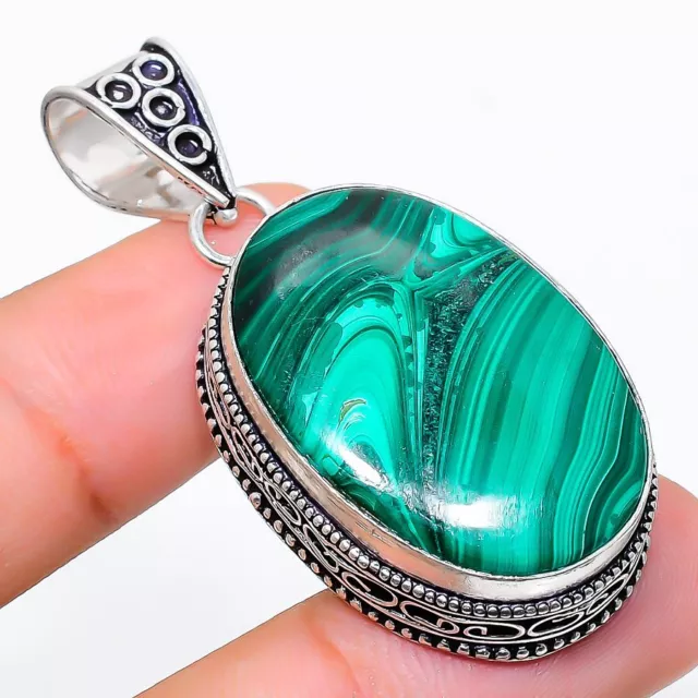 Malachite Gemstone Handmade 925 Sterling Silver Jewelry Pendant 1.97"