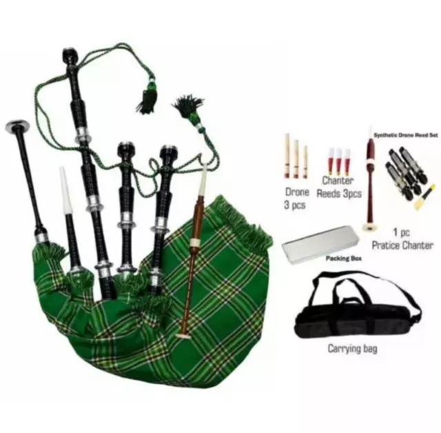 Great Highland black Irish Tartan Bagpipe Rosewood Silver Mounts Bagpipes