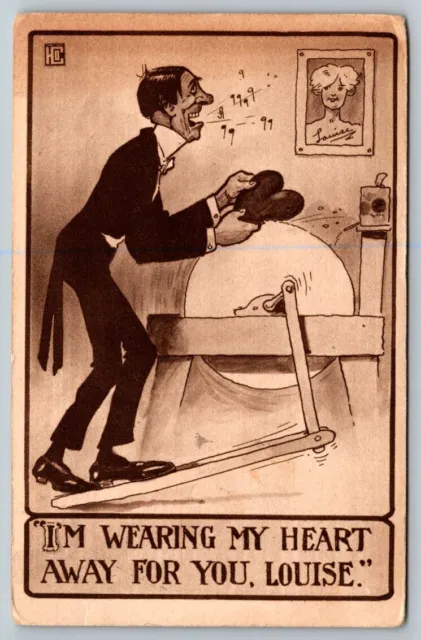 Vintage Saucy Cartoon Humor Postcard - I'm Wearing My Heart Away For You - 1912