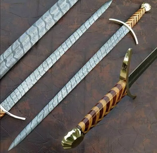 Beautiful Custom Hand Made Damascus Steel Viking Style Sword Long Hunting Sword