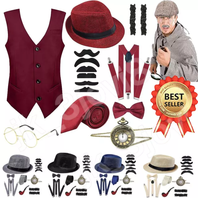 1920s Men Costume Accessories Set Gatsby Gangster Roaring Retro 20s Cosplay Kit-
