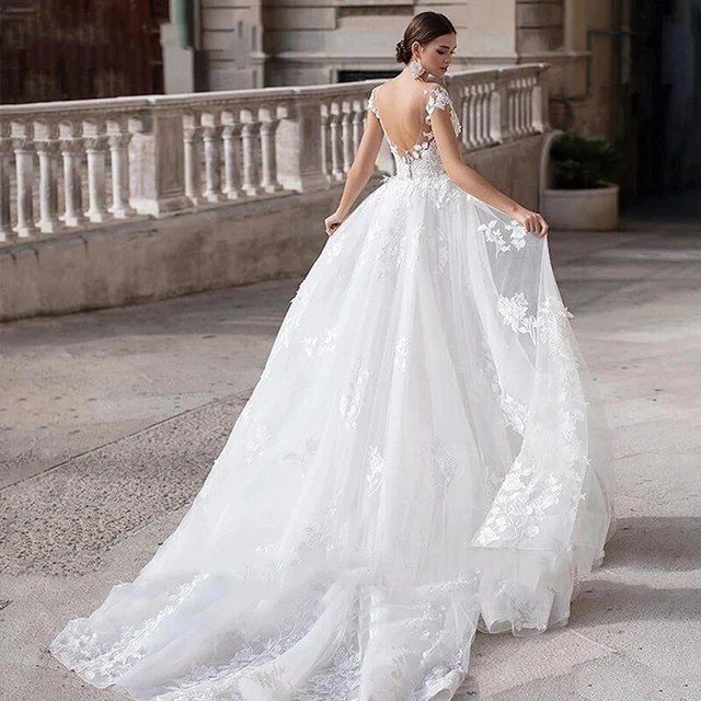 Mermaid Wedding Dress Tulle Scoop Cap Sleeve Backless Lace Appliques Bridal gown
