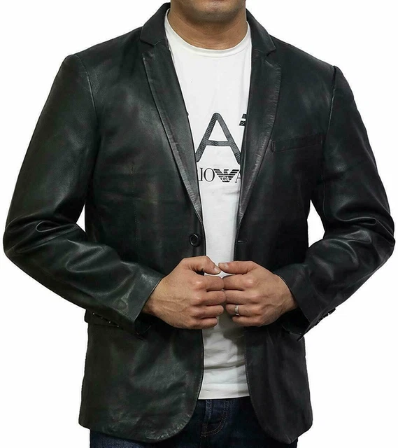 Hombre Piel de Cordero Auténtica Vintage Look Diseñador Dos Botón Negro Chaqueta