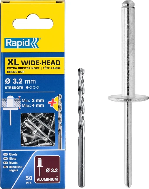 50 Blindnieten 3,2x14 Großkopf K9,5 Alu/Stahl 3,2 X 14 Großer Kopf