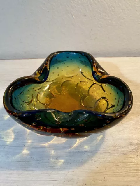 Vintage Bullicante Hand Blown Art Glass Folded Edge Ashtray Bowl Dish 6" x 6"