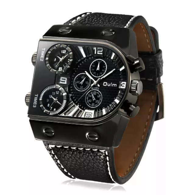 OULM Steampunk Big Dial Military Leather Strap Analog Quartz Men's Wrist Watch