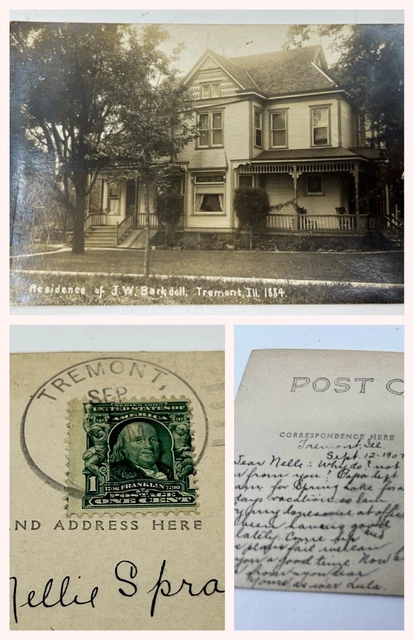 RARE 1907 RPPC TREMONT ILLINOIS Residence J.W. Barkdoll 1884 Buggy & Farm Store