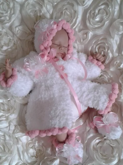 Hand knitted  baby Matinee Coat outfit set / Premature / Or  Reborn doll 16" 17"