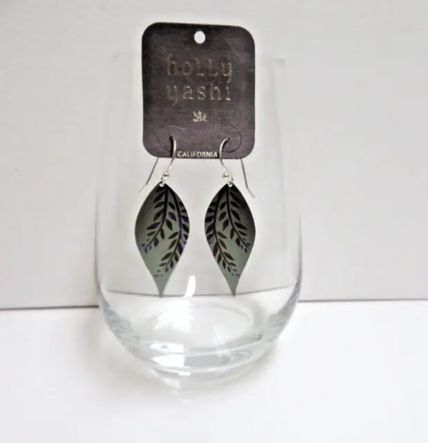 Holly Yashi Leaf Shape Sage/Purple/Brown Niobium Fern Design Drop Earrings NWT
