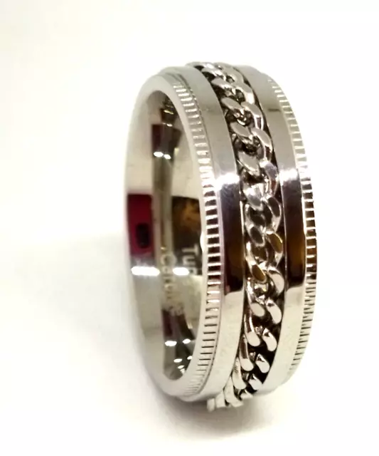 Mens Ring Tungsten Carbide Silver Wedding 8mm Spinner Rotating Curb Chain Band