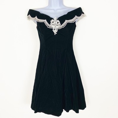 VINTAGE GUNNE SAX JESSICA MCCLINTOCK Deep Green Velvet Dress Off Shoulder 7/8