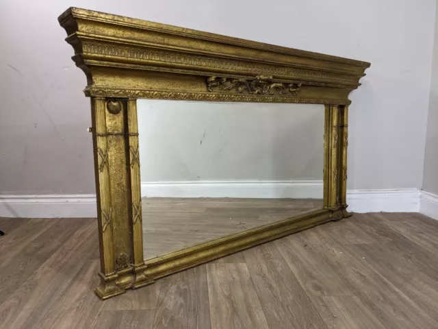 MIRROR Large Antique Overmantel Gilt Gold Horizontal Rustic Ornate Pillar Detail