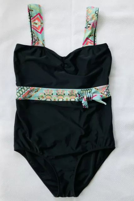 ASOS Womens One Piece Swimsuit Sz 16 Black Multicolor Detail Wide Strap Modest