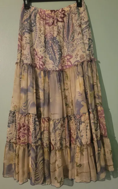 Cabi 237 Silk Multicolor Pastel Floral Tiered Ruffle Maxi Skirt XS Lined Pull-on