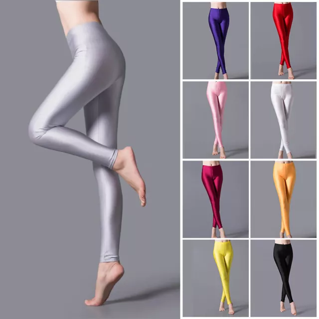 Women See-through Silky Shiny Glossy Leggings Stretch Long Pants Skinny  Trousers