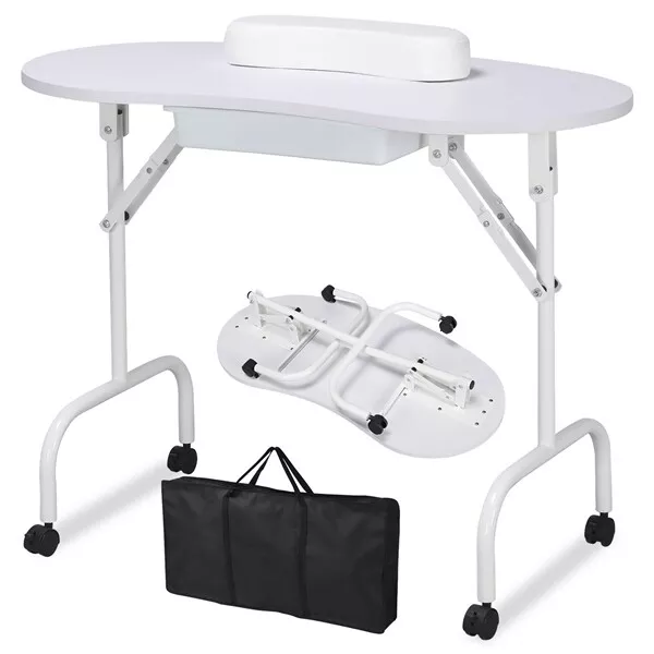 White Portable Manicure Table Folding Nail Desk Beauty Salon Spa w/Wheels & Bag