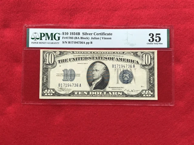 FR-1703 *KEY NOTE*1934 B Series $10 Silver Certificate *PMG 35 Choice Very Fine*