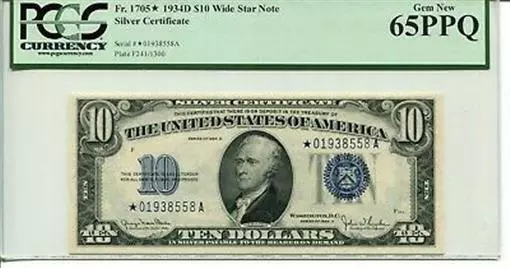 FR 1705* STAR 1934D $10 Silver Certificate 65 PPQ GEM NEW