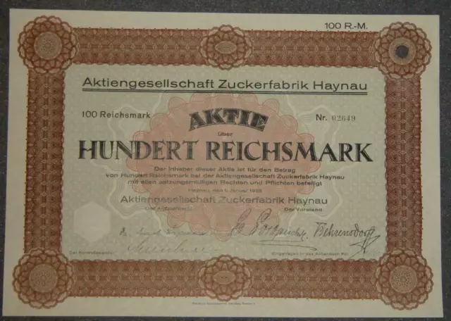 Aktiengesellschaft Zuckerfabrik Haynau 1928 100 RM