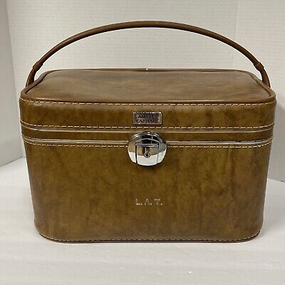 Vintage Amelia Earhart Train Case Travel Trunk Make Up Bag Mirror Brown / Tan