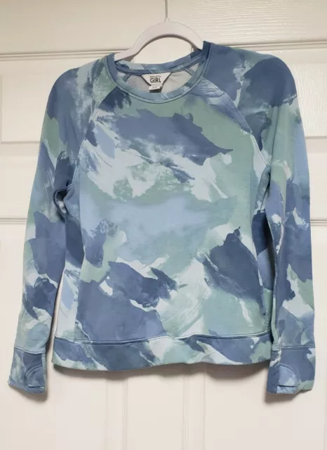 Athleta Girl Pullover L 12 Green Blue Camo Long Sleeve Thumb Holes