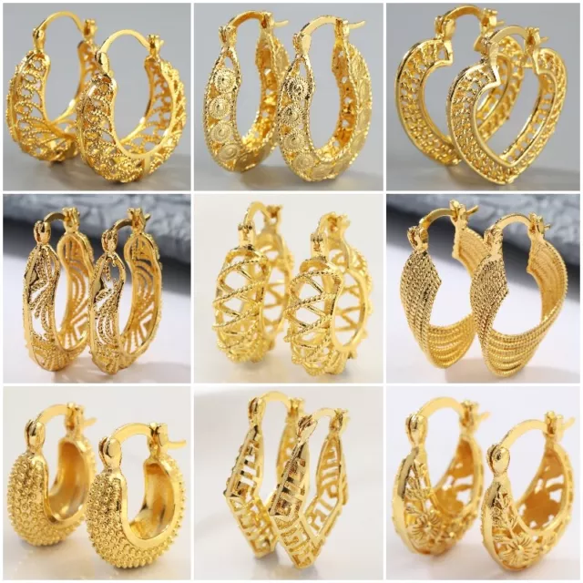 Yellow Gold Plated Women Hollow Stud Hoop Drop Earrings Wedding Party Jewelry 2