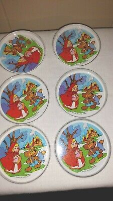 Metal Coasters Six (6) Round Tin Cartoon Little Red Riding Hood Made Hong Kong