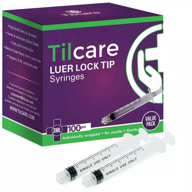 3ml Syringe Without Needle Luer Lock 100 Pack by Tilcare - Sterile