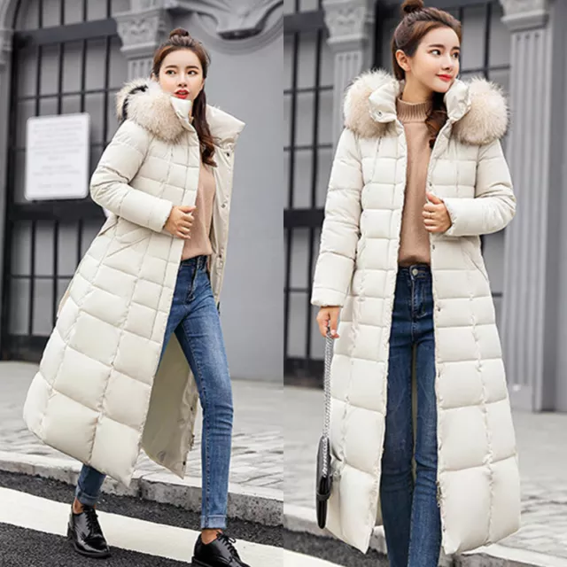WOMEN'S HOODED WINTER Parka Coat Long Down Cotton Warm Fur Collar ...
