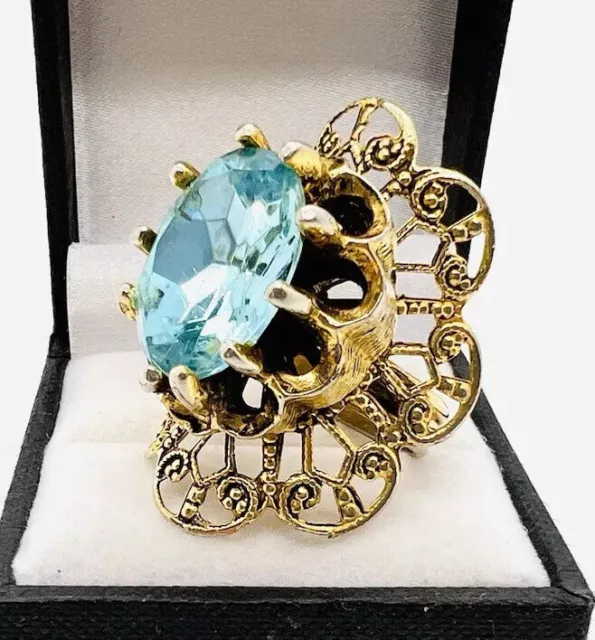 Enormous Aquamarine Glass Filigree Costume Ring Adjustable Vintage Jewelry