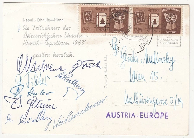 Autographen - Teilnehmer der österr. DHAULA HIMAL EXPEDITION 1963 - Bildpostkart