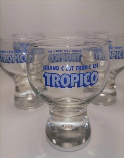3 verres Tropico vintage transparent , marqué en bleu. Gros pied avec bulle