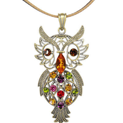 Owl Night Bird Pendant Leather Necklace Jewelry Austrian Crystal Multi-color 3"