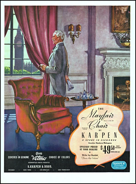 1937 Karpen The Mayfair Chair Elderly man home library vintage art print ad L58