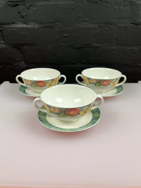 3 x St Michael's Marks and Spencer Millbrook Handled Soup Bowls and Saucers Set