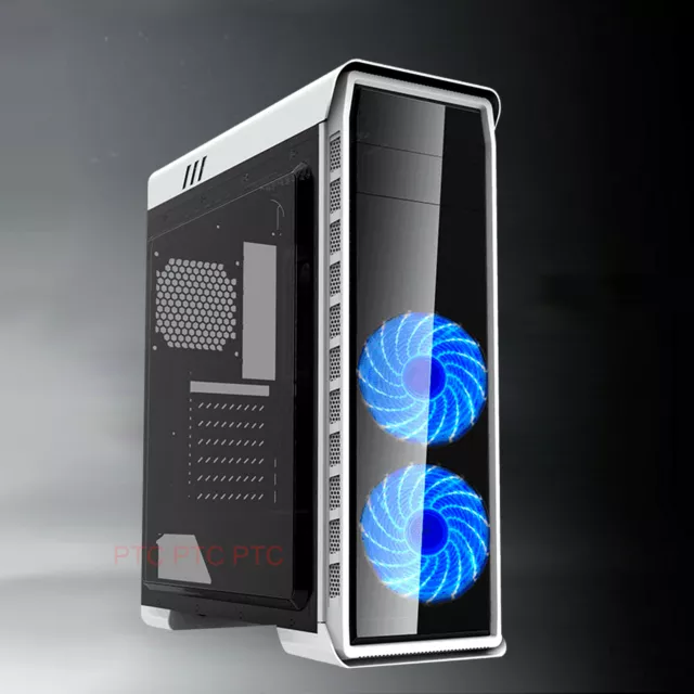 Elysium ATX Computer Gaming tower full transparent panel 2x led fan white coated